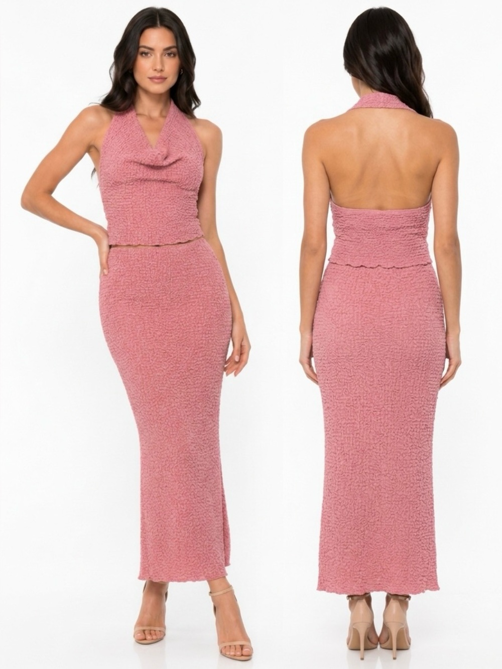 Dusty Rose Two-Piece Halter too Crowl Neckline Maxi Set Juniors Size Medium